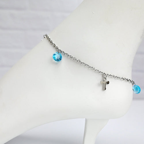 Blue Gem Cross Dangle Stainless Steel Ankle Bracelet