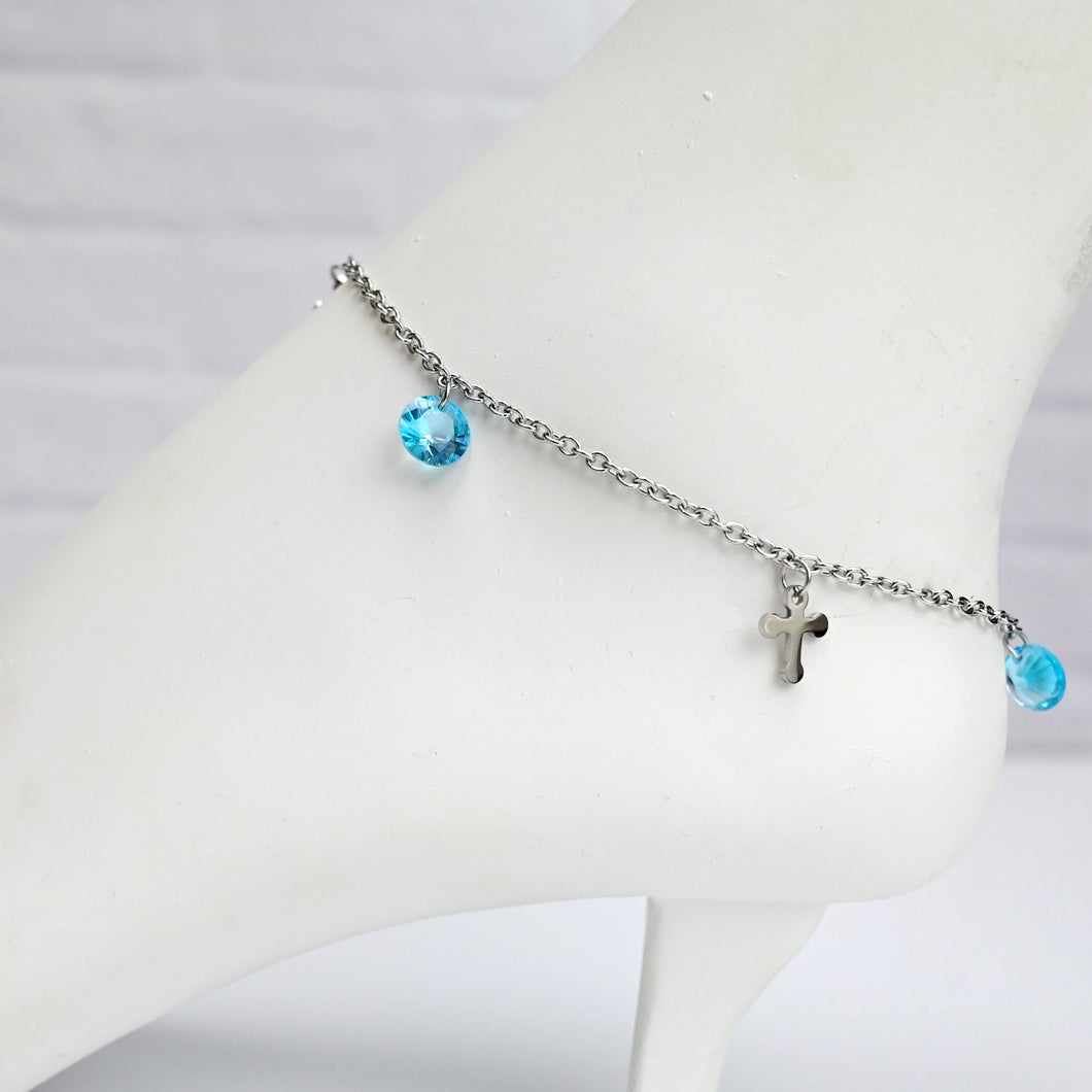 Blue Gem Cross Dangle Stainless Steel Ankle Bracelet