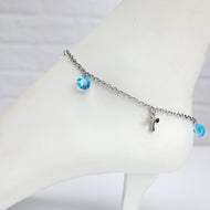 Blue Gem Cross Dangle Stainless Steel Ankle Bracelet