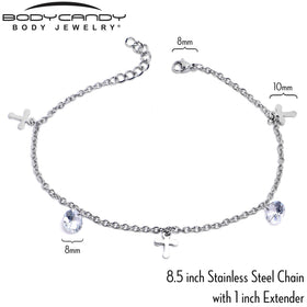 Clear CZ Gem Cross Dangle Steel Ankle Bracelet