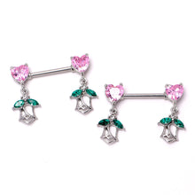 14G 9/16 Pink CZ Gem Hearts And Roses Dangle Nipple Ring Set