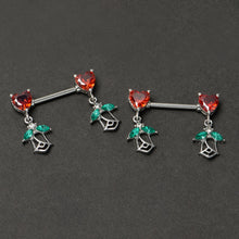 14G 9/16 Red CZ Gem Hearts And Roses Dangle Nipple Ring Set