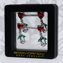 14G 9/16 Red CZ Gem Hearts And Roses Dangle Nipple Ring Set