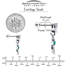 16G 1/4 Clear CZ Gem Heart And Rose Dangle Cartilage Earring