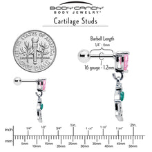 16G 1/4 Pink CZ Gem Heart And Rose Dangle Cartilage Earring