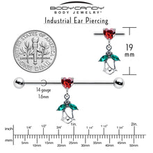 14G Red CZ Gem Heart And Rose Dangle Industrial Barbell 38mm