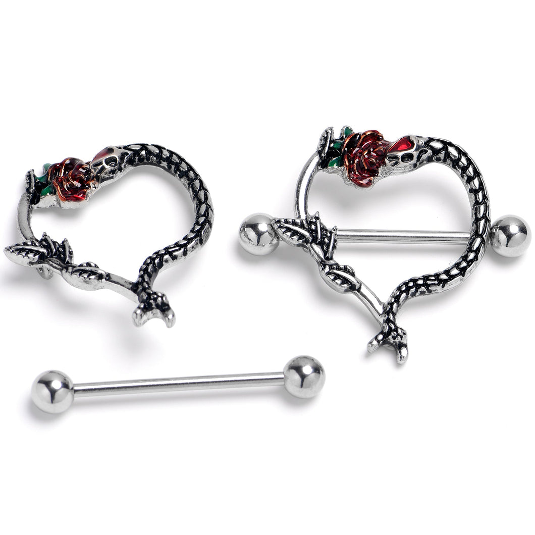 14G Serpentine Snake Flower Rose Heart Nipple Shield Set