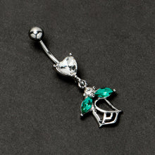 Clear CZ Gem Heart And Rose Dangle Belly Ring
