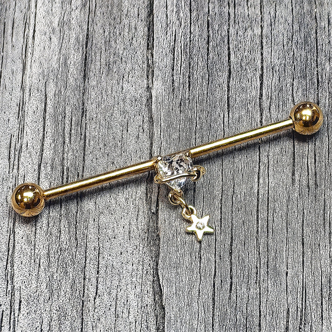 14G Clear Gem Gold Tone Starry Saturn Dangle Industrial Barbell 38mm