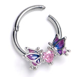 16G 3/8 Pink Gem Heart Butterfly Purple Hinged Segment Ring