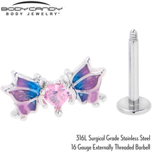 16G 5/16 Pink CZ Gem Heart Butterfly Labret Monroe Tragus