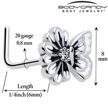 20G 1/4 Clear CZ Gem Butterfly Blossom White L Shape Nose Ring