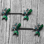 14G 9/16 Green Gem Blue Mermaid Tail Stars Barbell Nipple Ring Set