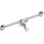 14G Clear Gem Starry Heart Dangle Industrial Barbell 38mm