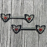 14G 9/16 Red Gem Captured Heart Barbell Nipple Ring Set