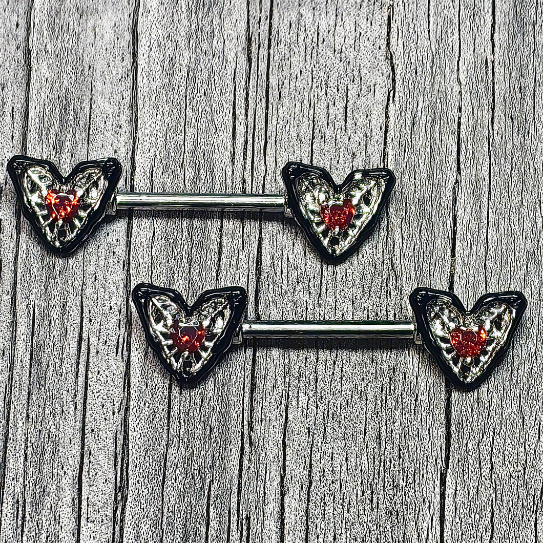 14G 9/16 Red Gem Captured Heart Barbell Nipple Ring Set