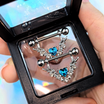 14G 9/16 Blue Gem Winged Hearts Angel Dangle Nipple Ring Set