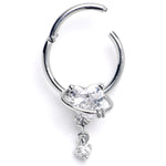 16G 3/8 Clear CZ Gem Saturn Heart Dangle Hinged Segment Ring