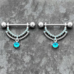 14G 9/16 Blue CZ Gem Double Curvation Dangle Nipple Ring Set