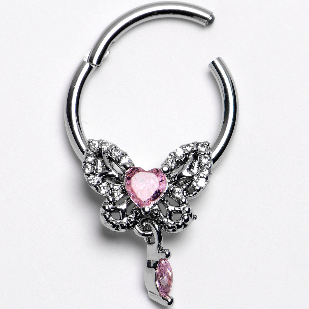 16G 3/8 Clear Gem Whimsical Butterfly Segment Ring with Dangle