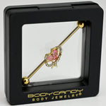14G Clear Pink Gem Gold Tone Circle Heart Industrial Barbell 38mm