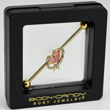 14G Clear Pink Gem Gold Tone Circle Heart Industrial Barbell 38mm