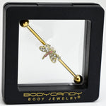 14G Pink Clear Gem Gold Tone Dragonfly Industrial Barbell 38mm