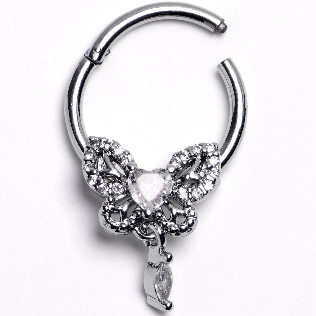 16G 5/16 Clear Gem Whimsical Butterfly Segment Ring with Dangle