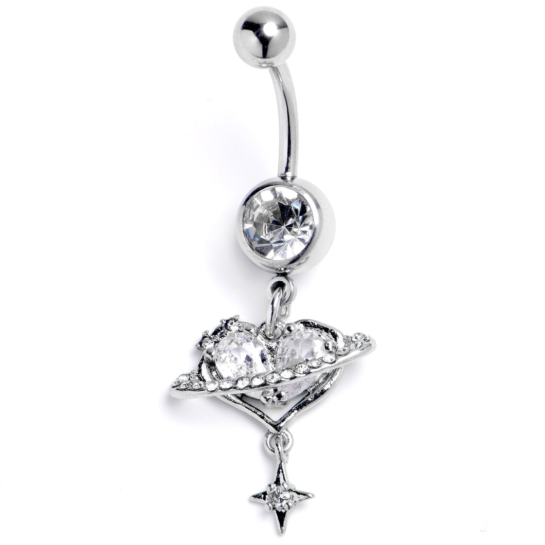 Clear CZ Gem Starry Heart Dangle Belly Ring