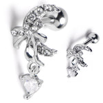 16G 1/4 Clear Gem Moon Bow Heart Dangle Cartilage Tragus Earring
