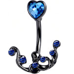 Blue Gem Black Heart Scrolling Elegance Double Mount Belly Ring
