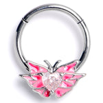 16G 3/8 Pink CZ Gem Heart Butterfly Pink Hinged Segment Ring