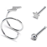 20G Clear Gem Star Spiral Nose Ring 3 Pack