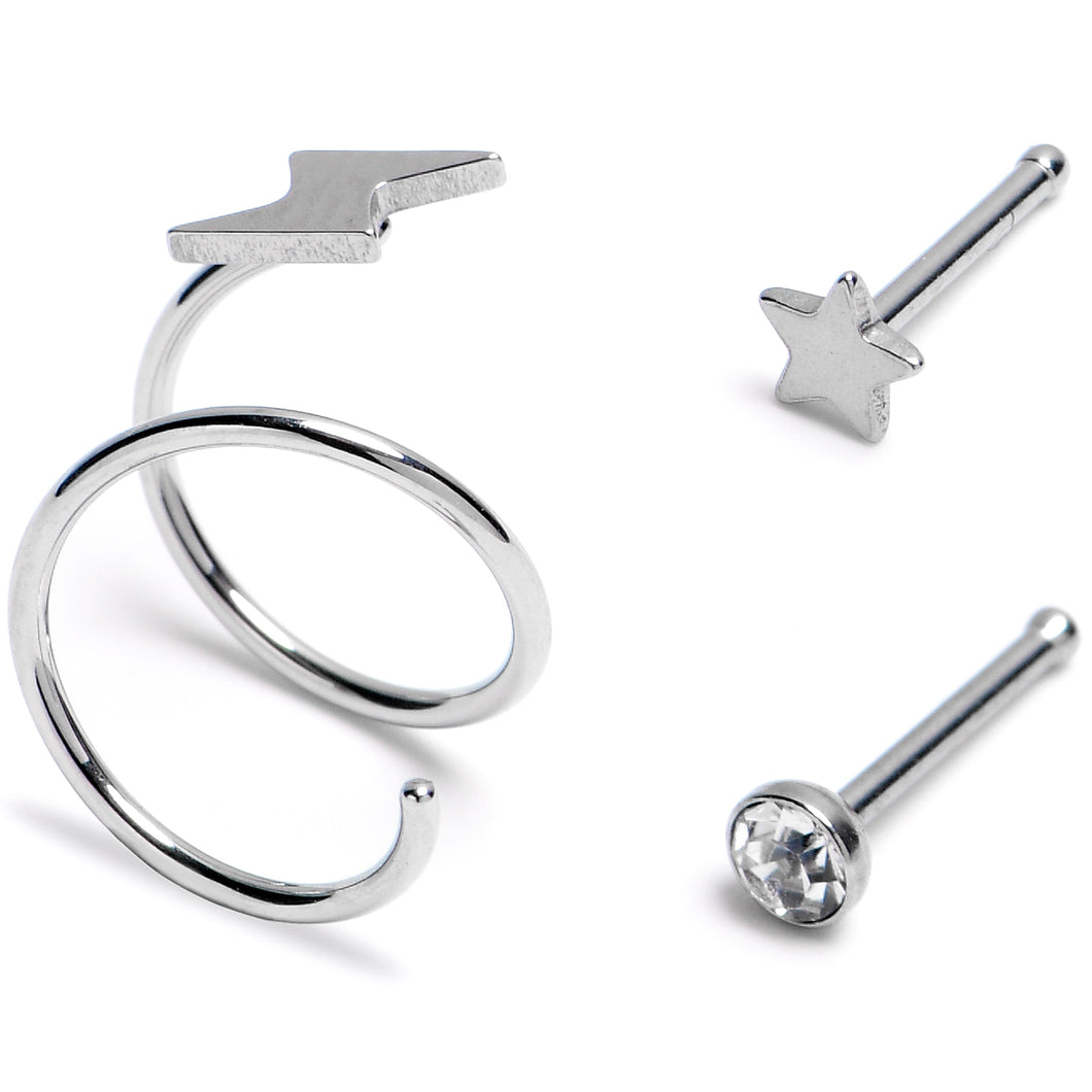 20G Clear Gem Star Spiral Nose Ring 3 Pack