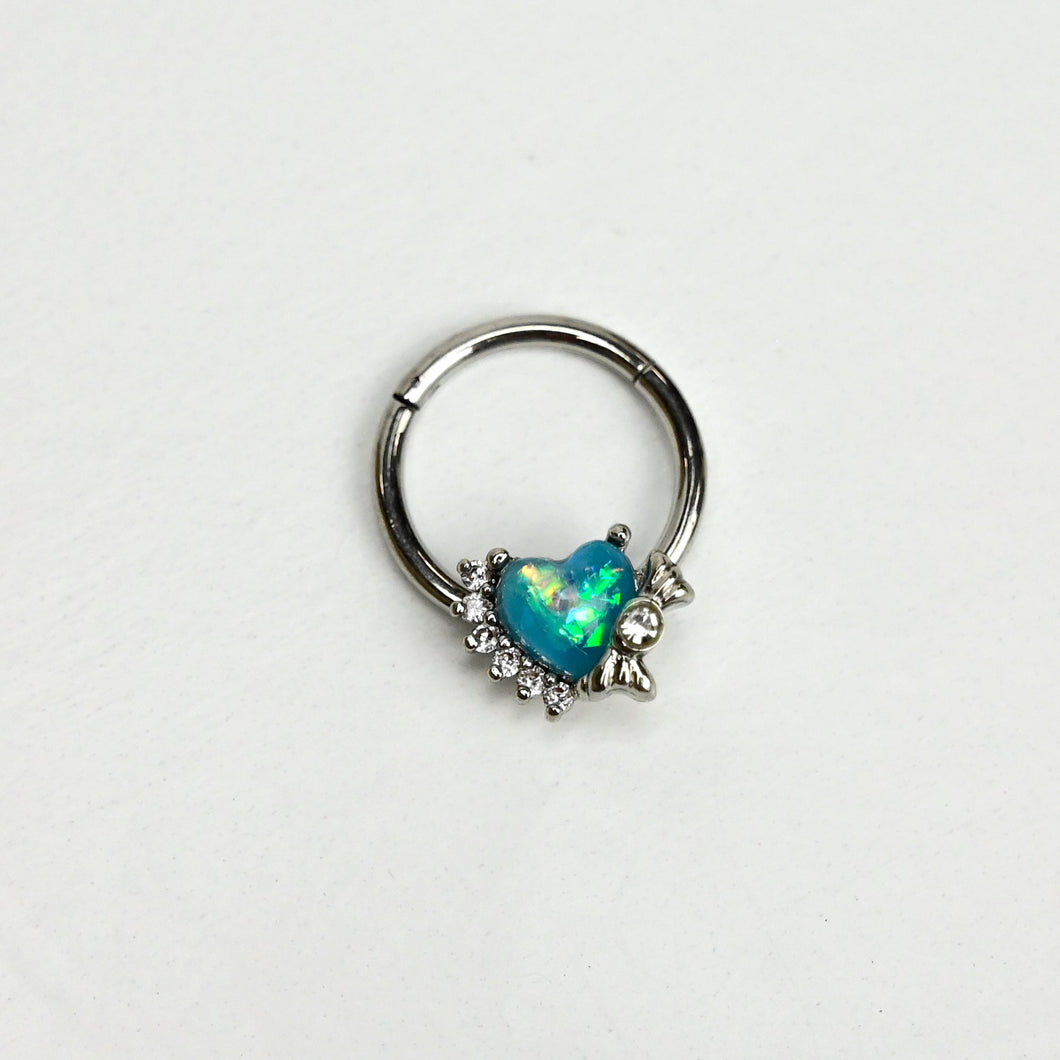 16G 3/8 Green Faux Opal Sunny Heart Hinged Segment Ring