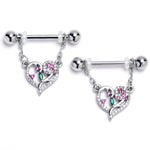 14G 9/16 Emerald Passion CZ Gem Heart Dangle Nipple Ring Set