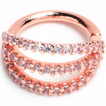 16G 5/16 Clear CZ Gem Rose Gold Tone Faux Triple Hoop Closure Ring