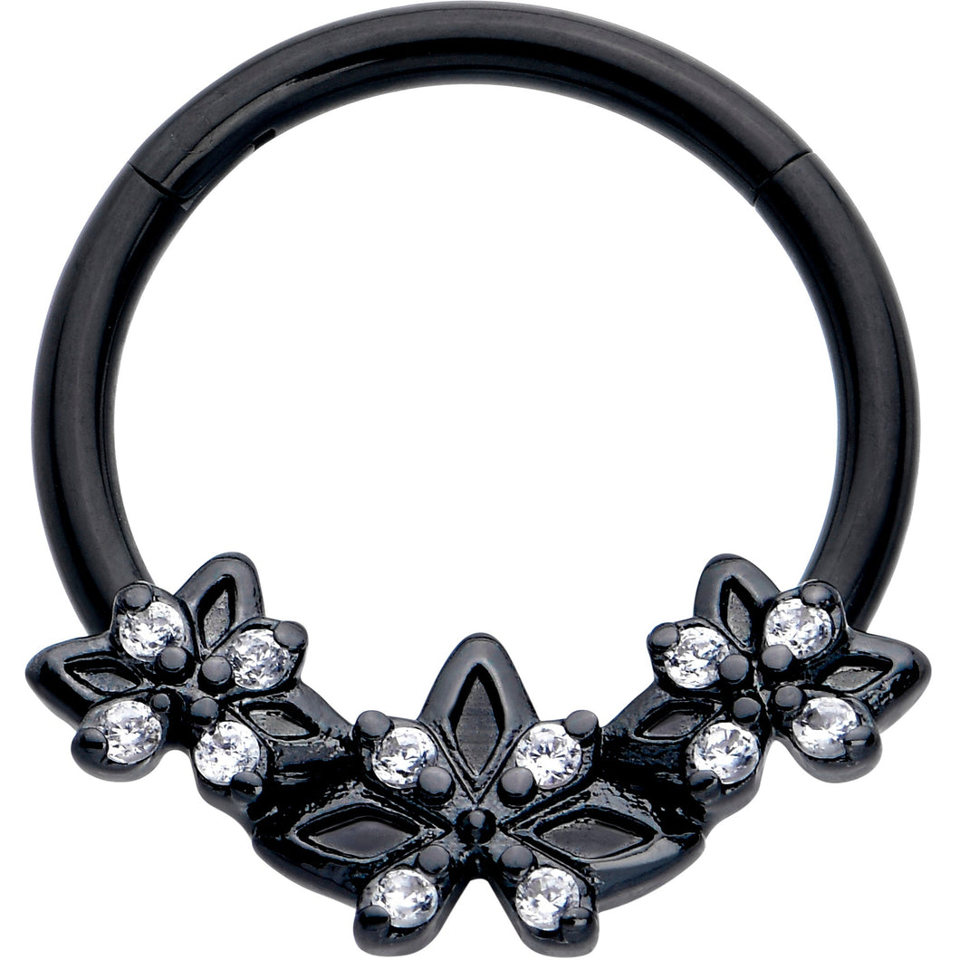 16G 3/8 Clear CZ Gem Black Gothic Star Trio Hinged Segment Ring