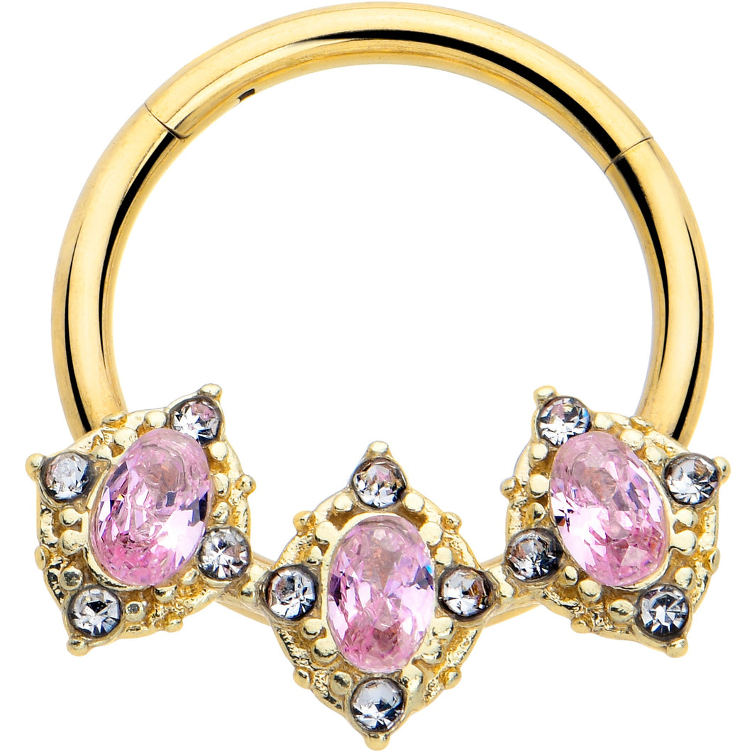 16G 3/8 Pink Tourmaline Gold Tone Wondrous Trio Hinged Segment Ring