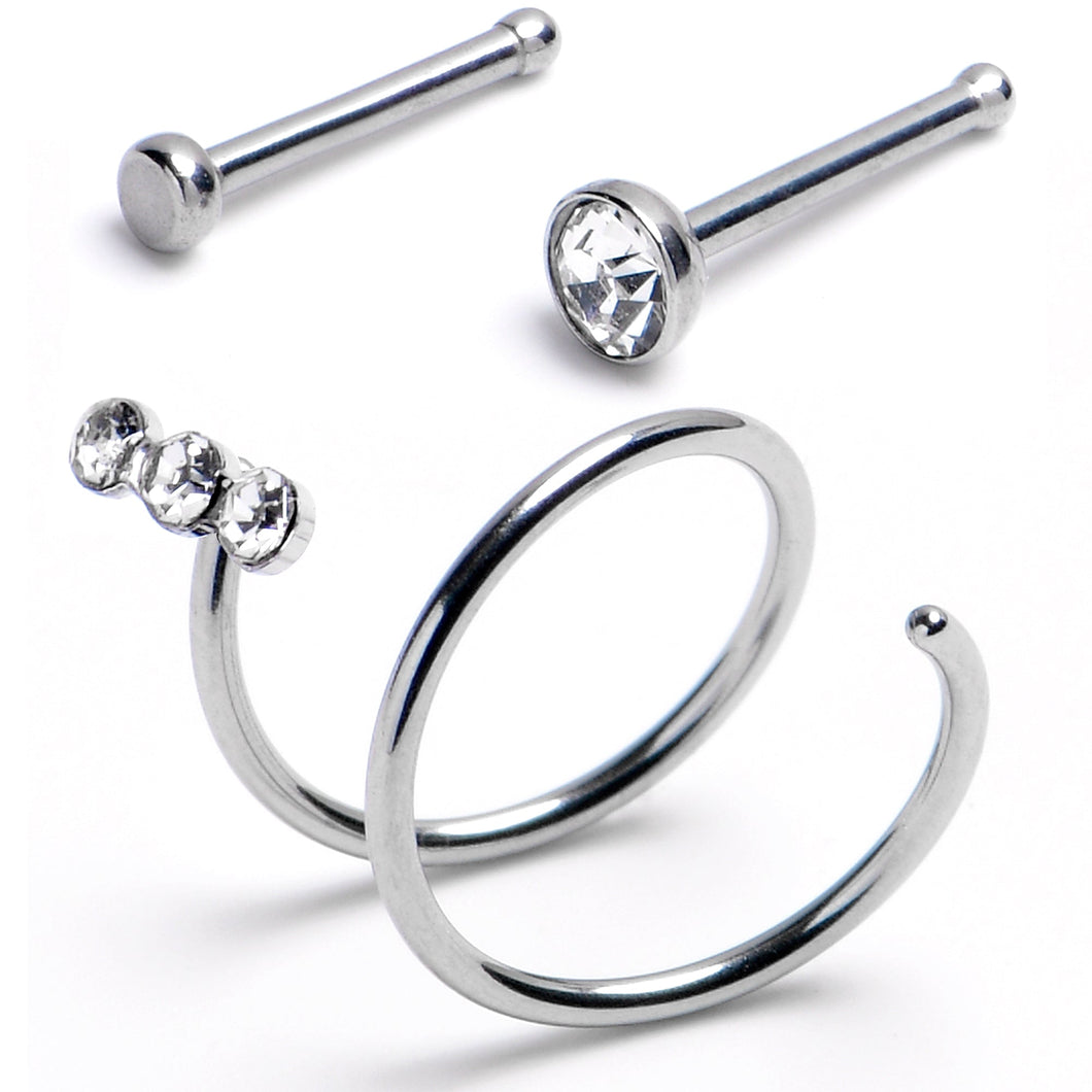 20G Nose Bone Triple Gem Twister Double Nose Hoop Ring 3 Pack