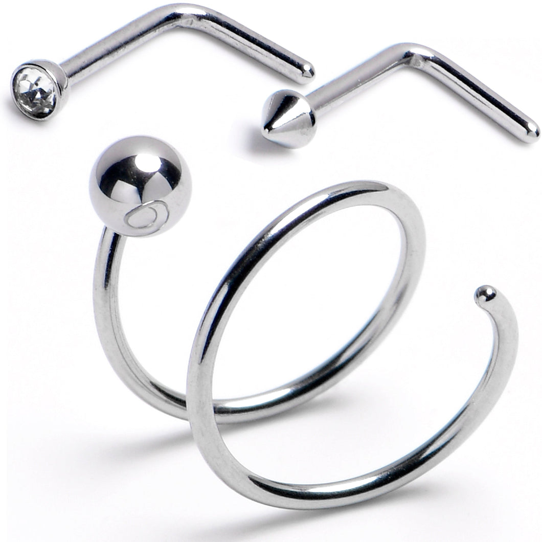 20G Gem Spike L-Shape Nose Ring Ball Twister Double Nose Hoop Ring 3 Pack