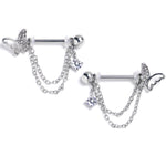 14G 9/16 Clear Gem Butterfly White Chain Dangle Nipple Ring Set