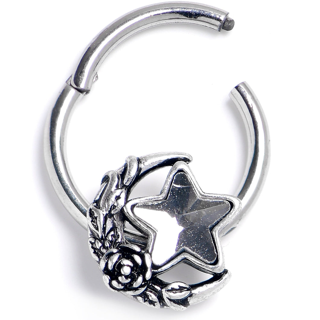 16G 3/8 Clear Gem Ornate Moon Star Hinged Segment Ring