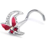 20G 7mm Pink Gem Butterfly Pink Beauty Left Side Nose Screw