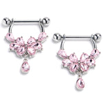 14G 9/16 Pink Gem Baroque Flower Bloom Dangle Nipple Ring Set