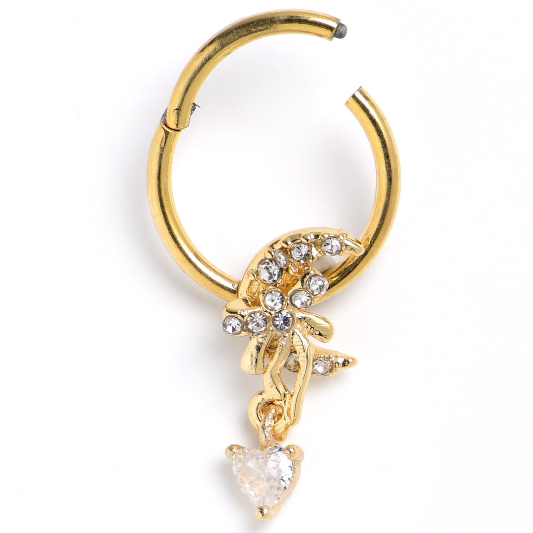 16G 3/8 Clear CZ Gem Gold Tone Moon Bow Heart Hinged Segment Ring