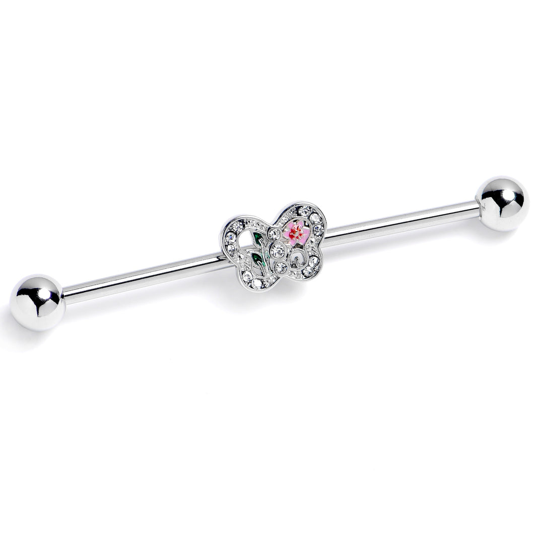 14G Clear Pink Gem Floral Butterfly Industrial Barbell 38mm