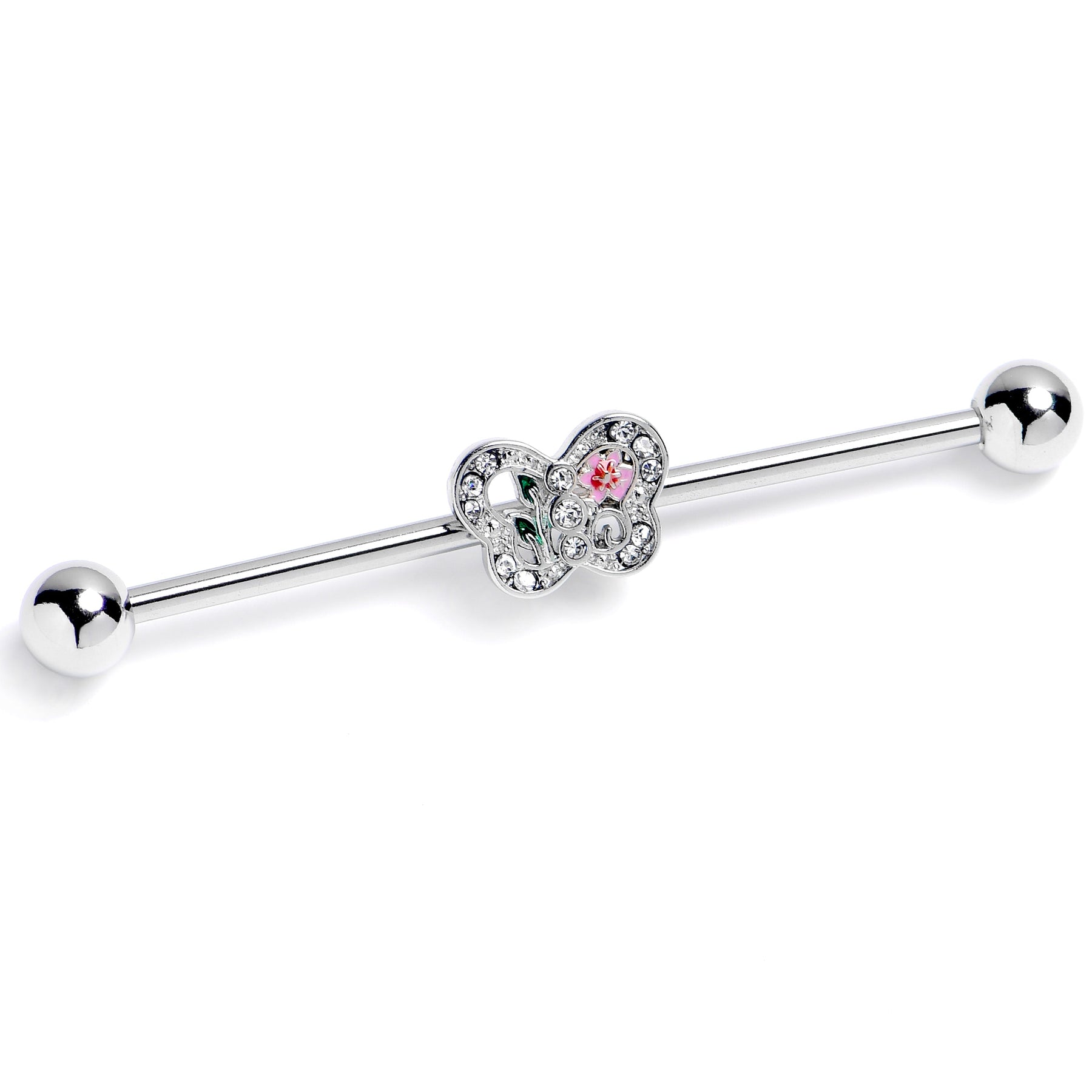 14G Clear Pink Gem Floral Butterfly Industrial Barbell 38mm