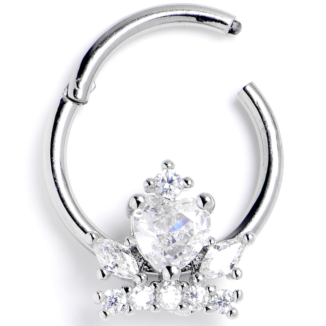 16G 3/8 Clear Gem Heart Crown Hinged Segment Ring