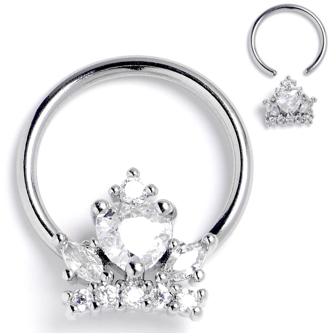 16G 3/8 Clear CZ Gem Crown Heart BCR Captive Ring